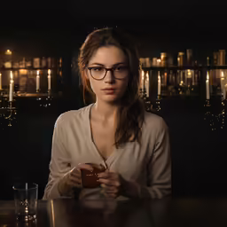 a beautiful woman wearing glasses sitting at a table