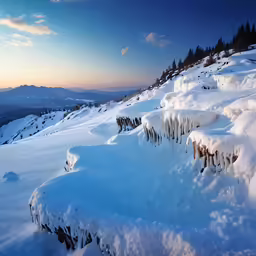 snow covered slopes, trees and a cliff face