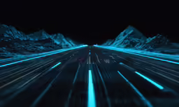 a highway driving through an illuminated mountain range