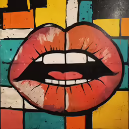 colorful painted lips and geometric shapes on a black background