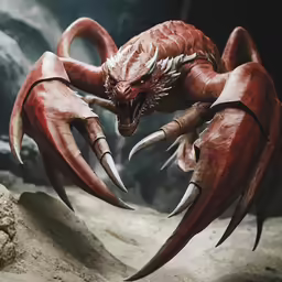 an animal with large fangs and claws, is shown