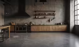 a large grey tiled kitchen with wooden counters