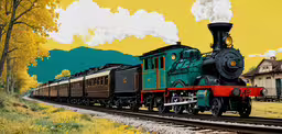 an artwork of a steam train in a country setting,a painting of a train on a train track
