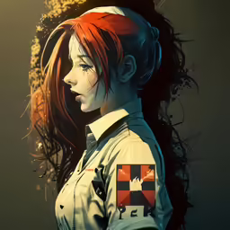 a person with red hair with a headscarf on