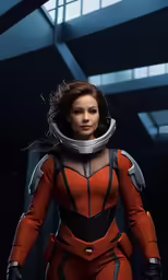 a woman in a space suit standing under a metal object