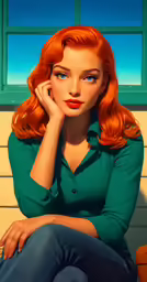 a red - haired woman in a green shirt is sitting outside