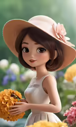 a 3d character holding flowers in her hand