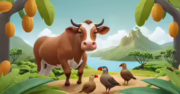 a cow, duck and bird in a forest