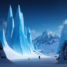 two people in black clothes are walking around the frozen mountains