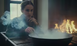 a woman cooking something in a wok while sitting near a fire
