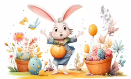 a cute bunny with some kind of vase with eggs