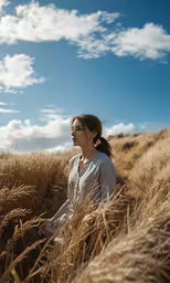 a woman with headphones in the wheat