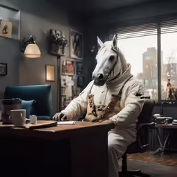 a horse dressed in a suit sitting at a desk
