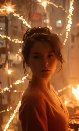 a woman standing next to a tree covered in lights