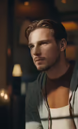 a man with a goatee looks away from the camera