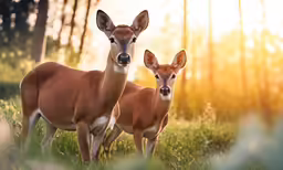 two young deers in the forest during sunset