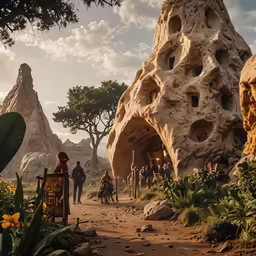 some people stand on a dirt path between rocks