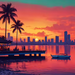 a boat floating in the ocean near a beach and palm trees,an image of sunset in a tropical area