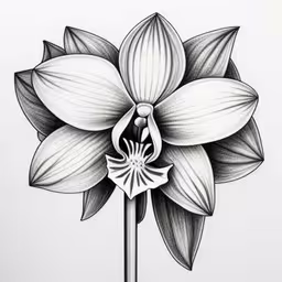 a black and white drawing of a large flower,an orchid with its stem attached to it