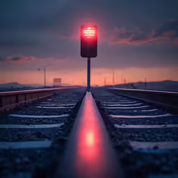 the railroad signal is illuminated red in the dark