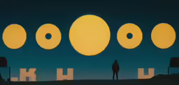 an artistic display consisting of five yellow circles against a dark background with a man in silhouette looking at them