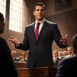 a man speaking at a podium in front of people
