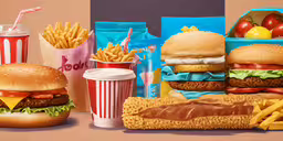 a painting of hamburgers, fries, and other food,a series of three hamburgers, a french fry, and cups of soda
