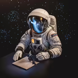 the astronaut is writing on his paper with a flashlight
