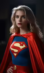 the blonde haired woman dressed as superman poses for a photo