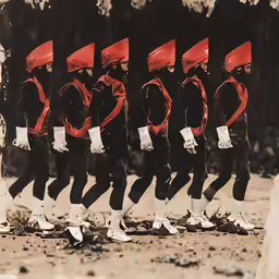 a group of men wearing red bandannas on their heads
