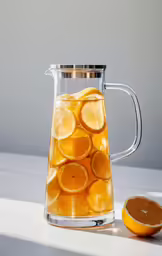 a pitcher with liquid made out of fruit sits next to an orange