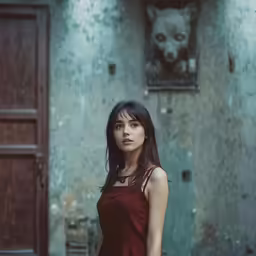 the woman in the dress poses outside