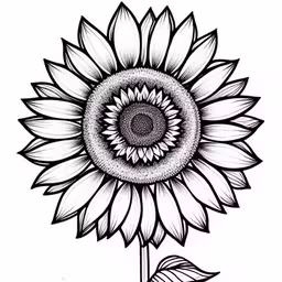 a black and white drawing of a large sunflower