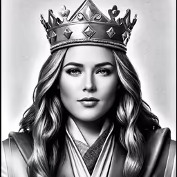 a black and white image of a woman with a crown on