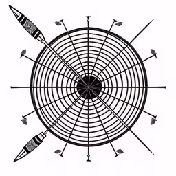 a black and white drawing of a target with arrows on it,some arrows that are in a circle,a drawing of arrows with the center of the image facing downward,an arrow drawing on a white background,an old metal plate with arrows in it
