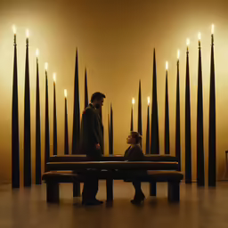a man and woman sit at a bench in front of tall candles