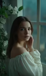 a young girl with long hair, wearing a white shirt and sitting by a window