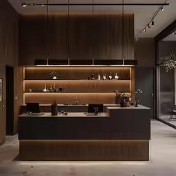 the kitchen counter is illuminated by a modern lighting system