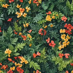 a pattern of red and yellow flowers in green ferns