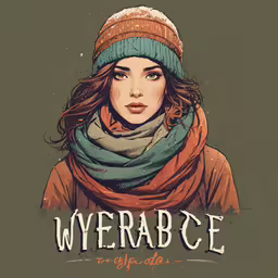 a girl wearing a scarf and hat with the words, myerblace,a girl with winter clothes wearing a scarf, a beanie and an orange sweater