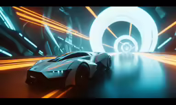 the futuristic vehicle on the road has bright lines
