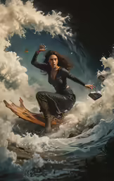 a girl is riding the waves on her surfboard