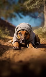 a dog wearing a hoodie laying on the ground