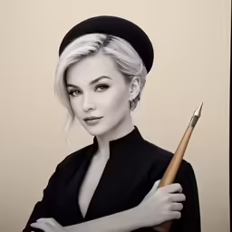 a woman with white hair and hat holding a paintbrush