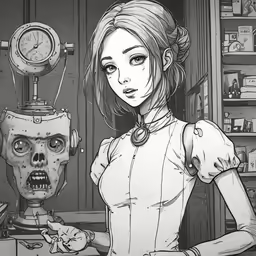 a woman in a white shirt standing next to a robot