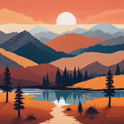 a painting of mountains and trees near a river,a painting of mountains and a lake