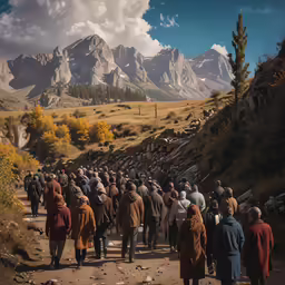 a group of people walking down a path surrounded by mountains