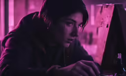 woman in black hoodie sitting at a desk in pink room