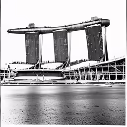 an old photo of a futuristic building with large wings