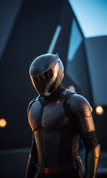 a man wearing a suit and helmet standing in front of a black building